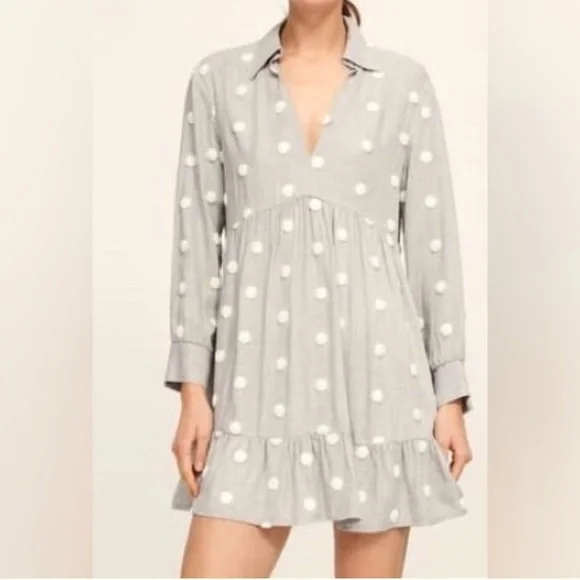 Zara Pom Polka Dot Babydoll Mini Contrast Dress Gray White Shirt Size Medium - Picture 1 of 15